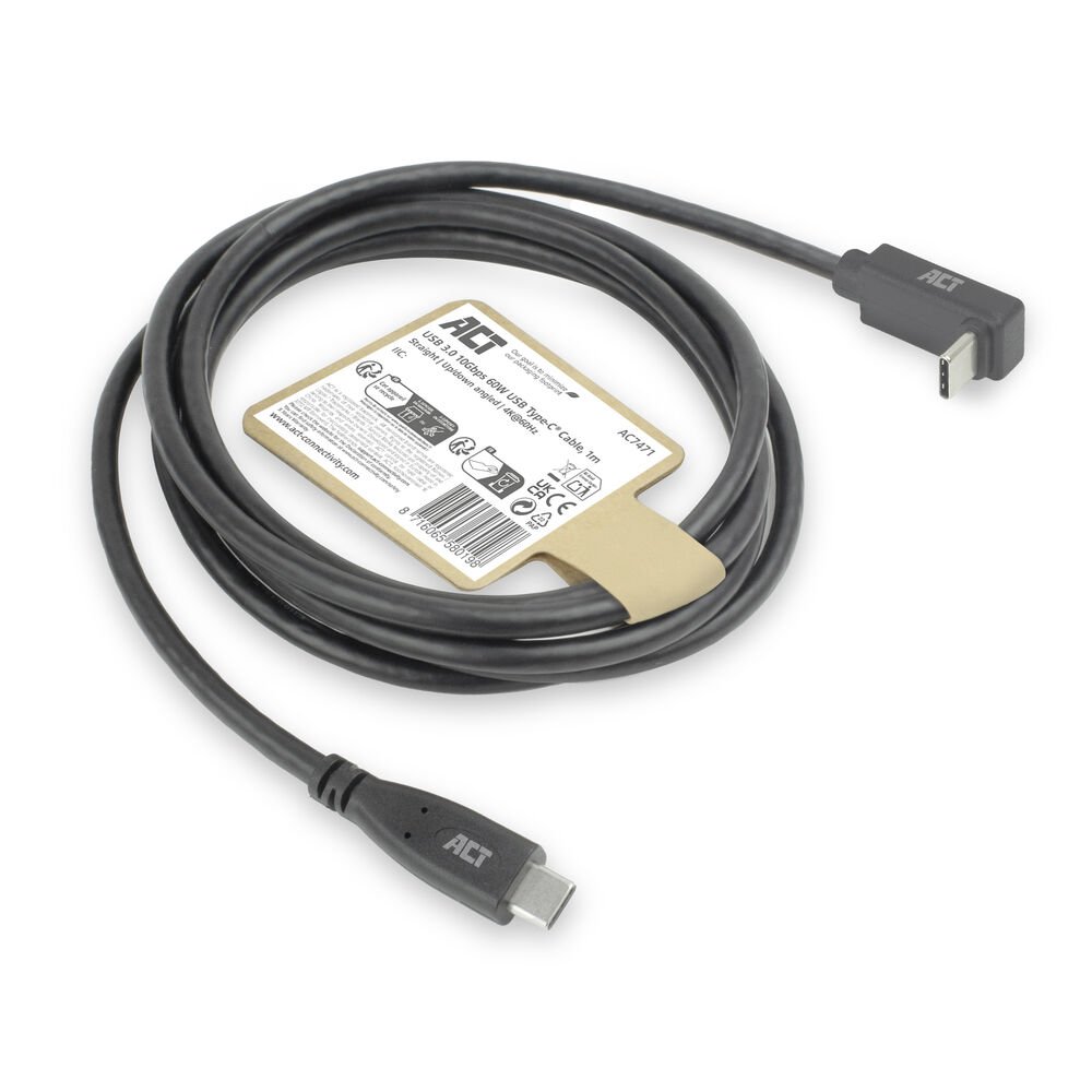 ACT AC7471 | USB 3.2 Gen 2 Kabel | USB-C (recht) naar USB-C (haaks boven/beneden) | 60W | 10Gbps | 1m | Zwart 7 ACT AC7471 | USB 3.2 Gen 2 Kabel | USB-C (recht) naar USB-C (haaks boven/beneden) | 60W | 10Gbps | 1m | Zwart - Afbeelding 7