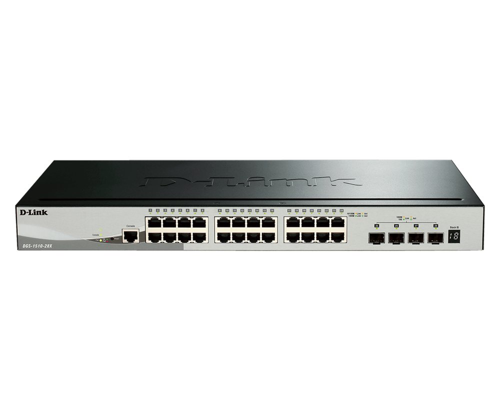 D-Link DGS-1510-28X | Managed L3 Stackable Smart Switch | 28 Poorten | Gigabit Ethernet (10/100/1000 Mbps) | 24x RJ45 + 4x SFP+ 1 D-Link DGS-1510-28X | Managed L3 Stackable Smart Switch | 28 Poorten | Gigabit Ethernet (10/100/1000 Mbps) | 24x RJ45 + 4x SFP+