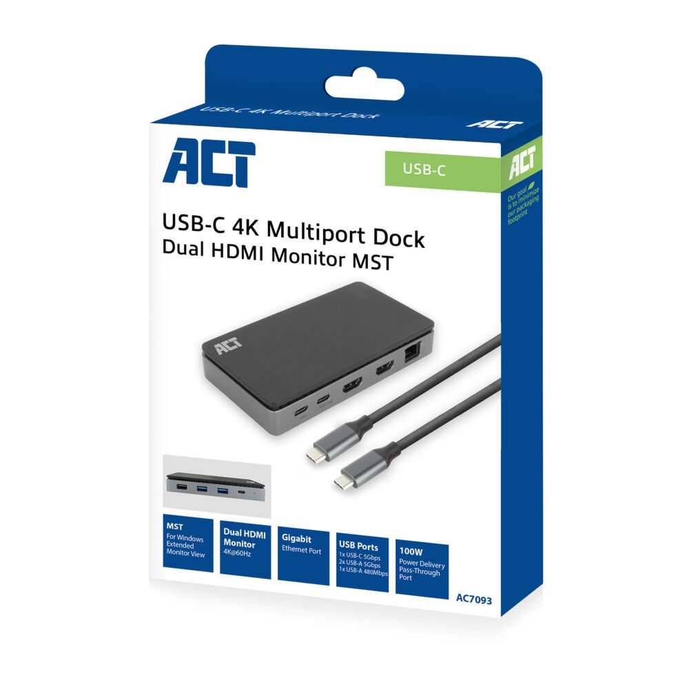 ACT AC7093 | USB-C 4K Docking Station | 2x HDMI + Ethernet + USB-C/USB-A + PD | 1m Kabel 3 ACT AC7093 | USB-C 4K Docking Station | 2x HDMI + Ethernet + USB-C/USB-A + PD | 1m Kabel - Afbeelding 3