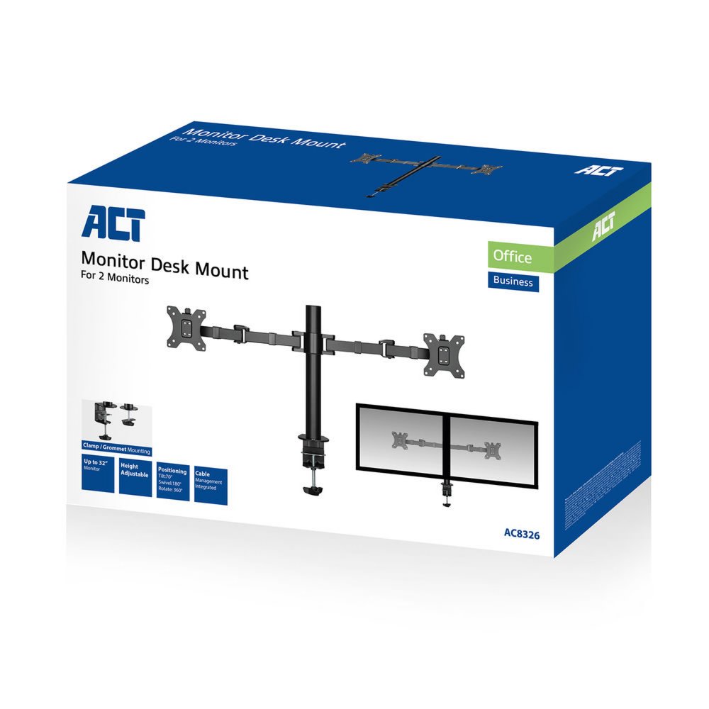 ACT AC8326 | Verstelbare Monitor-bureaubeugel | Tot 32" | Max 12kg | VESA 100x100 | 2 Monitoren | OPEN BOX 5 ACT AC8326 | Verstelbare Monitor-bureaubeugel | Tot 32" | Max 12kg | VESA 100x100 | 2 Monitoren | OPEN BOX - Afbeelding 5