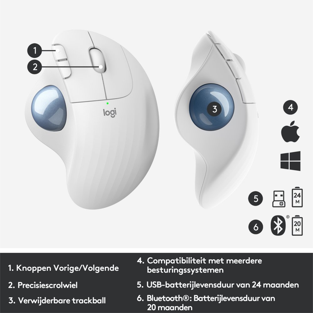 Logitech M575 Ergo Trackball | Ergonomische Draadloze Muis | Rechtshandig | RF + Bluetooth | 2000 DPI | Wit 6 Logitech M575 Ergo Trackball | Ergonomische Draadloze Muis | Rechtshandig | RF + Bluetooth | 2000 DPI | Wit - Afbeelding 6
