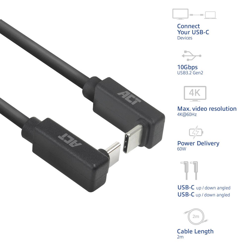 ACT AC7478 | USB 3.2 Gen 2 Kabel | USB-C (haaks boven/beneden) naar USB-C (haaks boven/beneden) | 60W | 10Gbps | 2m | Zwart 6 ACT AC7478 | USB 3.2 Gen 2 Kabel | USB-C (haaks boven/beneden) naar USB-C (haaks boven/beneden) | 60W | 10Gbps | 2m | Zwart - Afbeelding 6