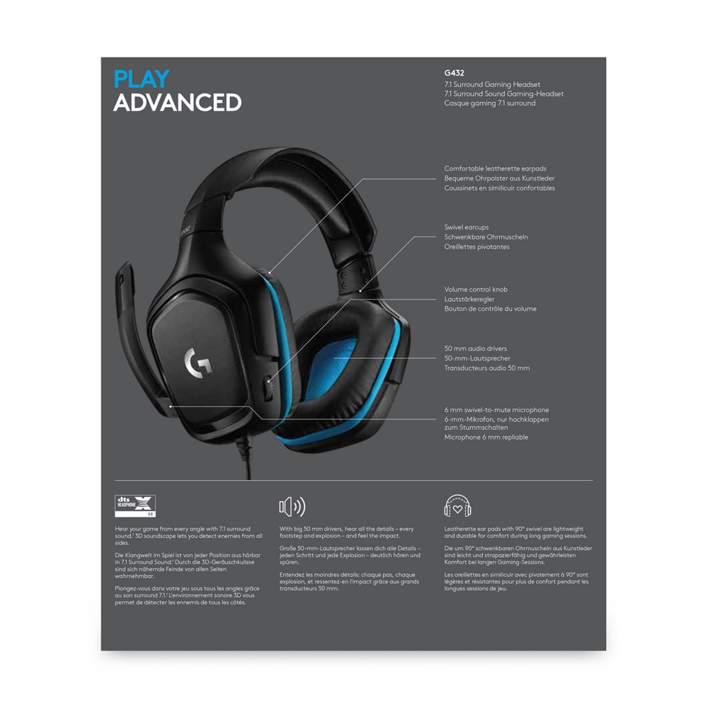 Logitech G432 | Bedrade Over-ear Gaming Headset 3.5mm Connector | 7.1 Surround | Zwart/Blauw 8 Logitech G432 | Bedrade Over-ear Gaming Headset 3.5mm Connector | 7.1 Surround | Zwart/Blauw - Afbeelding 8
