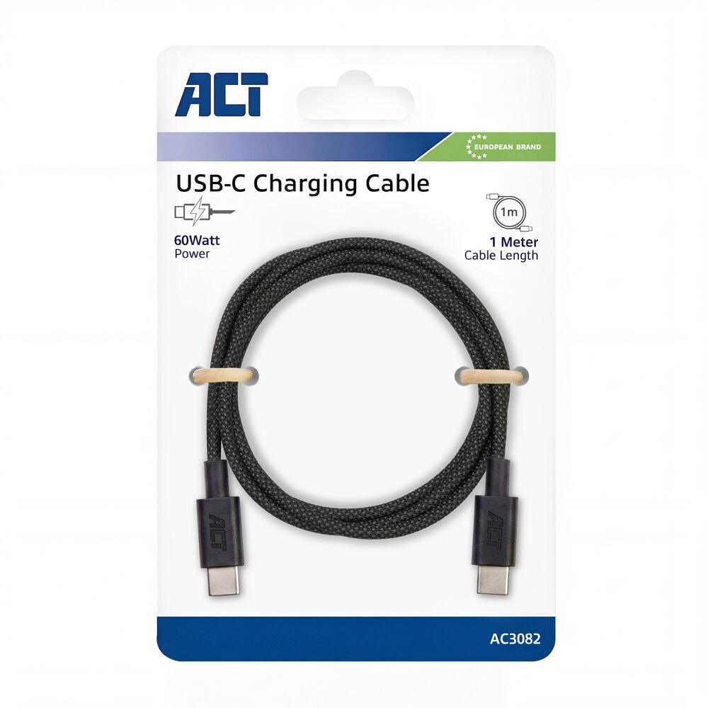 ACT AC3082 | USB 2.0 Kabel | USB-C naar USB-C | 60W | 480Mbps | Zwart | 1 Meter 2 ACT AC3082 | USB 2.0 Kabel | USB-C naar USB-C | 60W | 480Mbps | Zwart | 1 Meter - Afbeelding 2