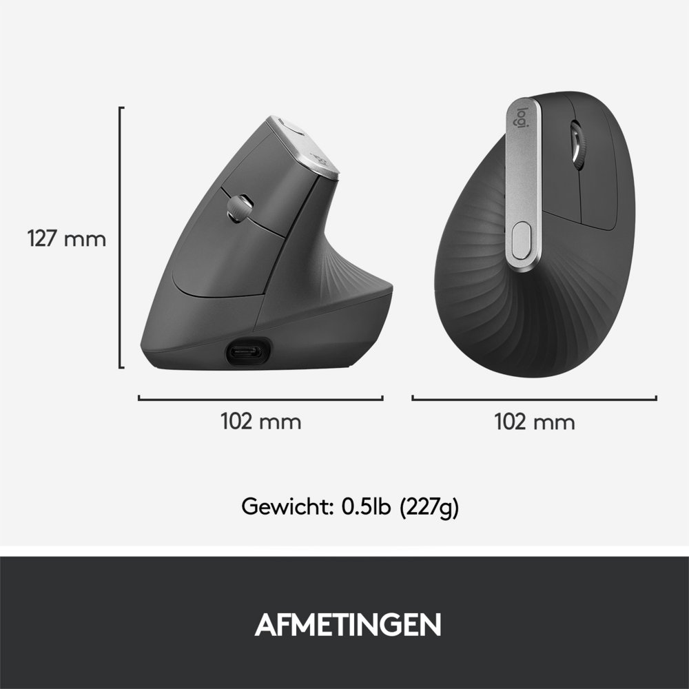 Logitech MX Vertical | Draadloze Ergonomische Muis | Rechtshandig | RF + Bluetooth + USB-C | 4000 DPI suggestie | Grafiet 7 Logitech MX Vertical | Draadloze Ergonomische Muis | Rechtshandig | RF + Bluetooth + USB-C | 4000 DPI suggestie | Grafiet - Afbeelding 7
