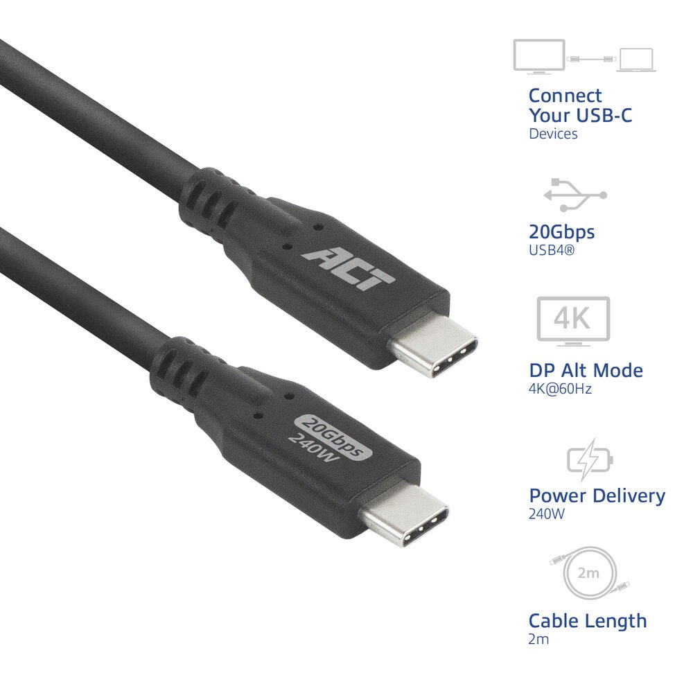 ACT | USB4 Kabel | 20Gbps | 240W | USB-C naar USB-C | 2m | Zwart 1 ACT | USB4 Kabel | 20Gbps | 240W | USB-C naar USB-C | 2m | Zwart