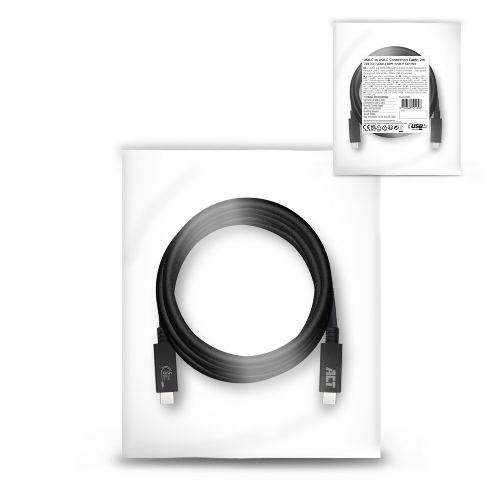 ACT AC7402 | USB 3.2 Gen 1 Kabel | USB-C naar USB-C | 2m | Zwart 6 ACT AC7402 | USB 3.2 Gen 1 Kabel | USB-C naar USB-C | 2m | Zwart - Afbeelding 6