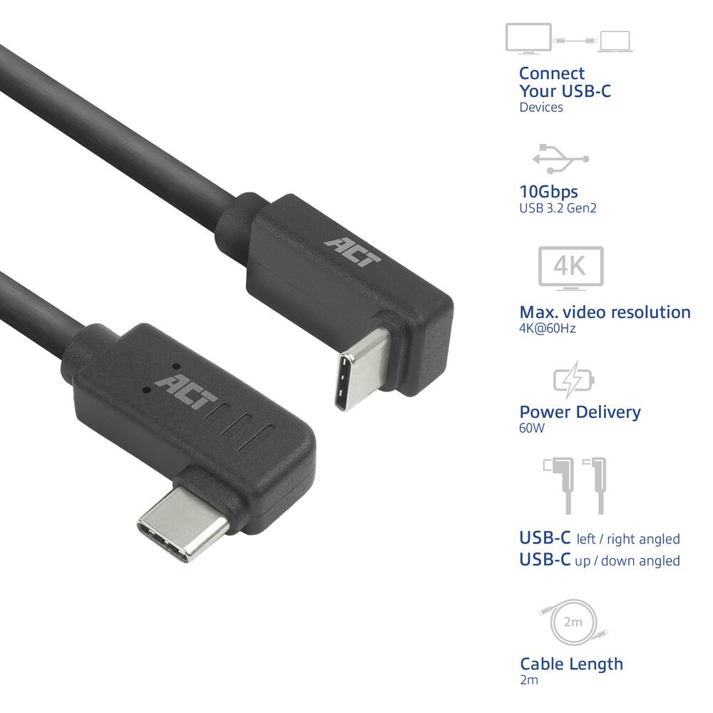ACT AC7482 | USB 3.2 Gen 2 Kabel | USB-C (haaks links/rechts) naar USB-C (haaks boven/beneden) | 60W | 10Gbps | 2m | Zwart 6 ACT AC7482 | USB 3.2 Gen 2 Kabel | USB-C (haaks links/rechts) naar USB-C (haaks boven/beneden) | 60W | 10Gbps | 2m | Zwart - Afbeelding 6