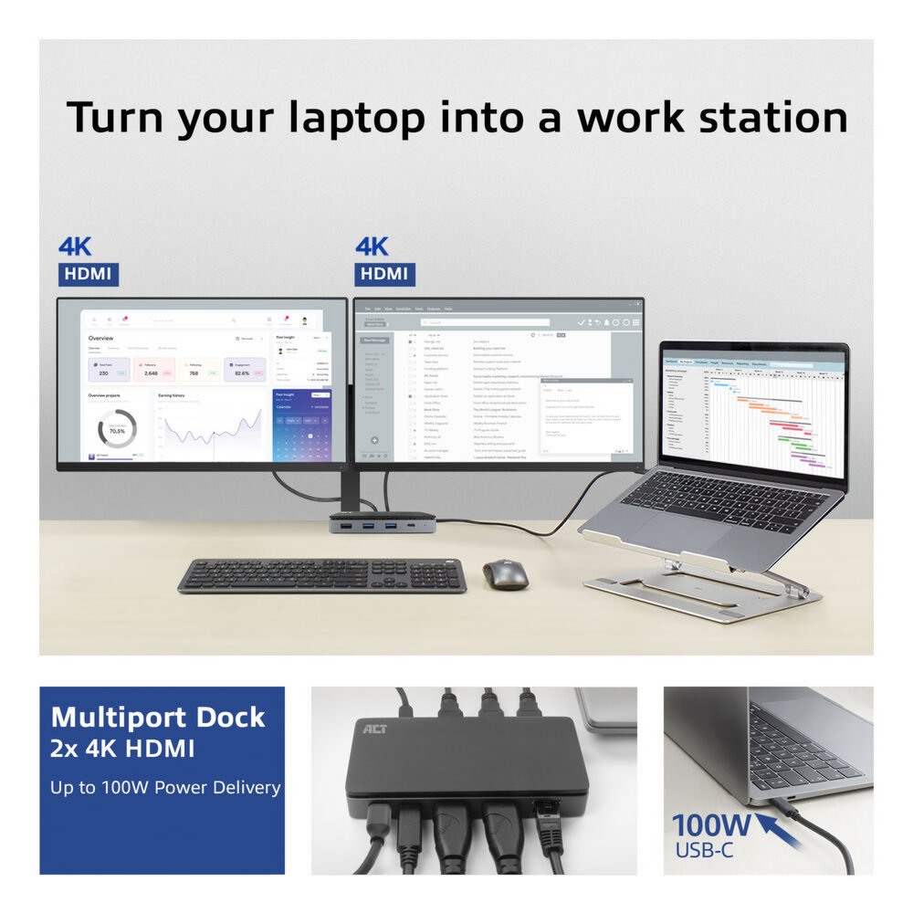 ACT AC7093 | USB-C 4K Docking Station | 2x HDMI + Ethernet + USB-C/USB-A + PD | 1m Kabel 10 ACT AC7093 | USB-C 4K Docking Station | 2x HDMI + Ethernet + USB-C/USB-A + PD | 1m Kabel - Afbeelding 10