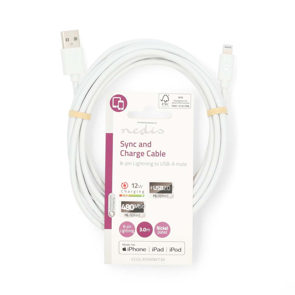 Nedis CCGL39300WT30 | Lightning-naar-USB-A kabel | 3 m | Lightning Male naar USB-A Male | Opladen en synchroniseren | Wit 5 Nedis CCGL39300WT30 | Lightning-naar-USB-A kabel | 3 m | Lightning Male naar USB-A Male | Opladen en synchroniseren | Wit - Afbeelding 5