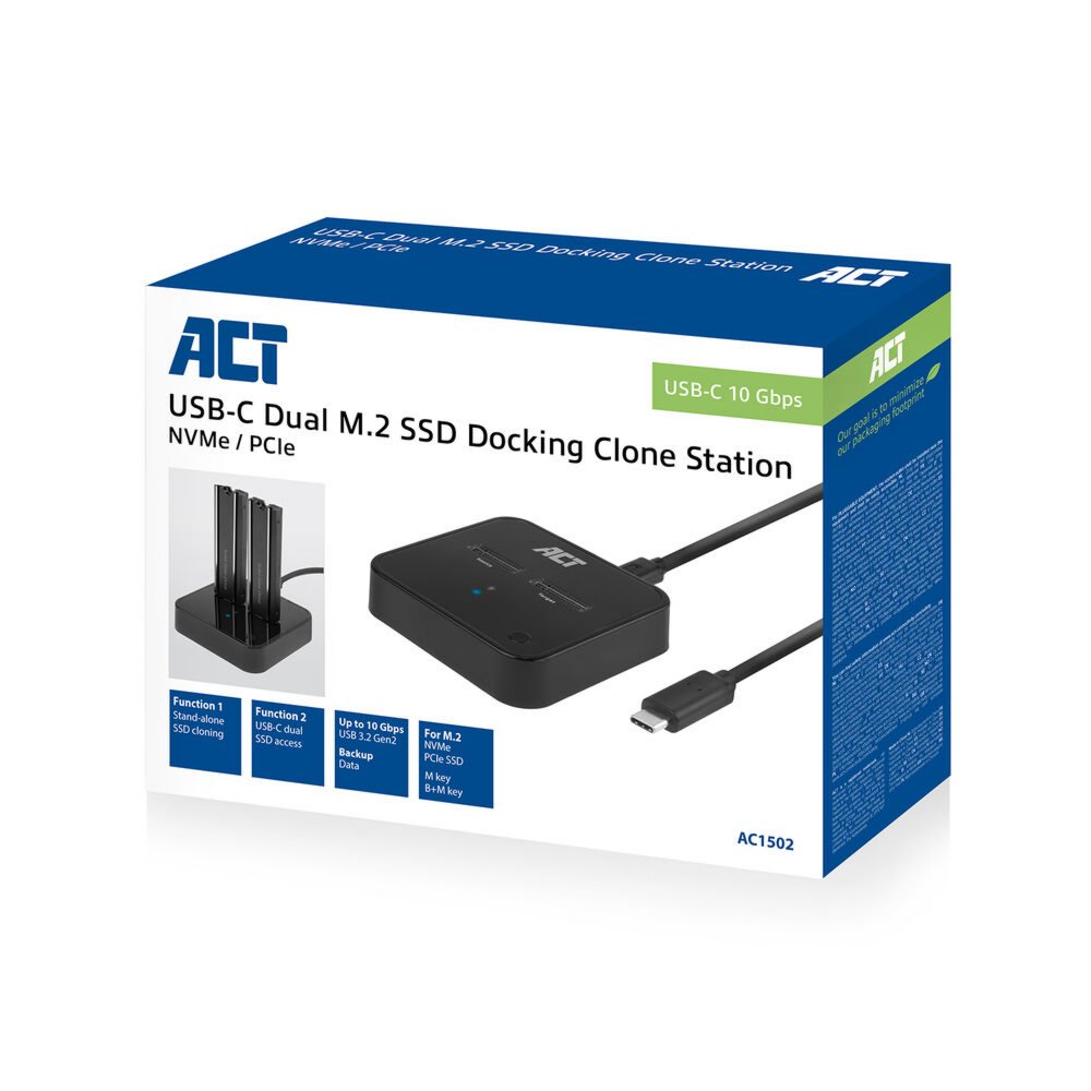 ACT AC1502 | Dual M.2 NVMe/PCIe SSD Docking Clone Station | USB-C 3.2 Gen2 (10 Gbps) 2 ACT AC1502 | Dual M.2 NVMe/PCIe SSD Docking Clone Station | USB-C 3.2 Gen2 (10 Gbps) - Afbeelding 2