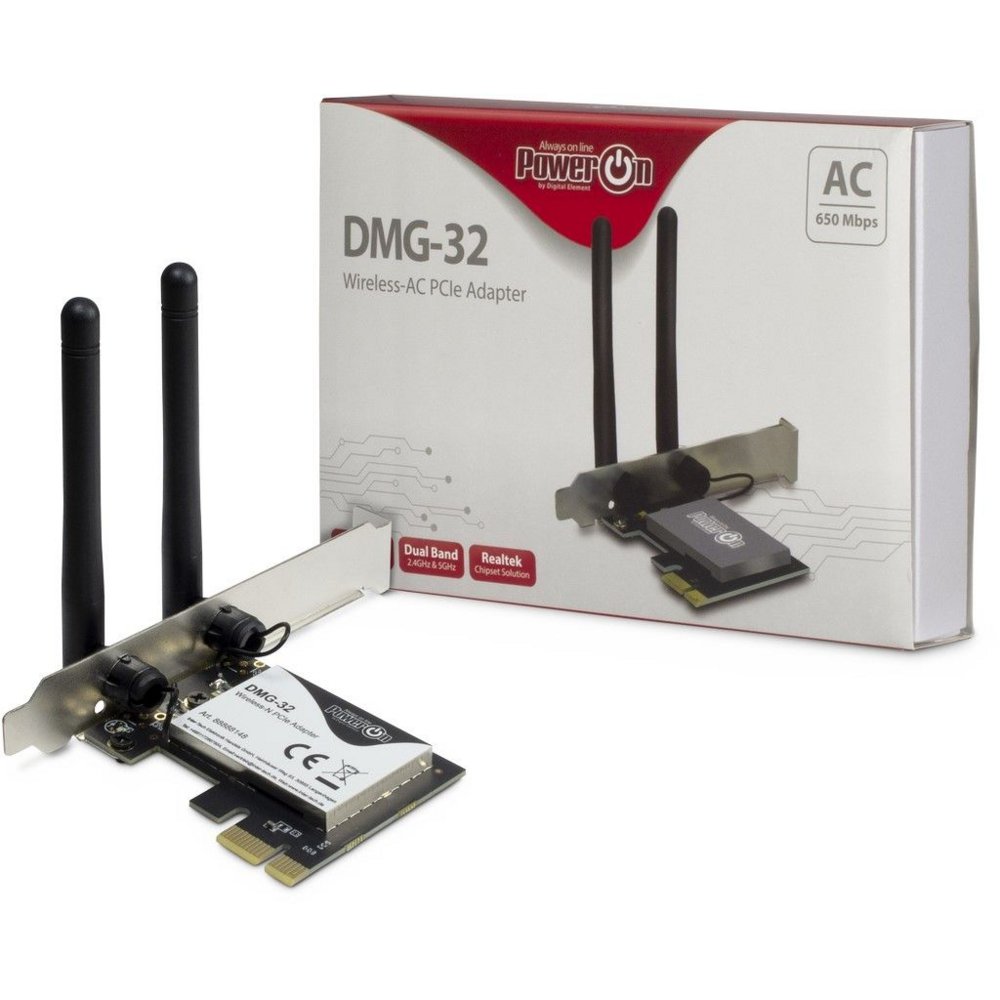 Inter-Tech DMG-32 | Interne WLAN-adapter | PCIe x1 | Wi-Fi 5 (802.11ac) | Dual-band 2,4 & 5 GHz | 650 Mbps | 2x 2dBi antennes 2 4 & 5 GHz | 650 Mbps | 2x 2dBi antennes