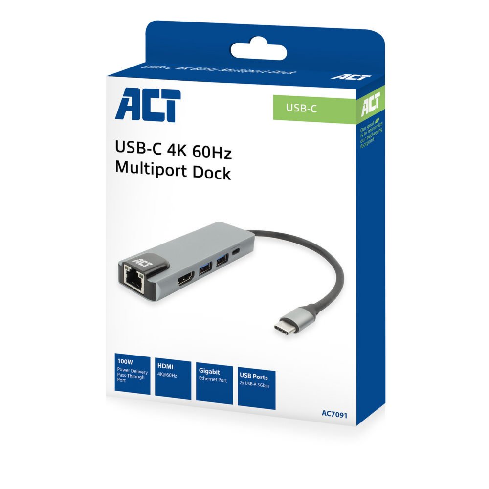 ACT AC7091 | USB-C 4K Docking Station | HDMI 2.0 (4K@60 Hz) + Gigabit Ethernet + 2× USB-A + USB-C PD Pass-Through | Aluminium | Grijs/Zilver 3 ACT AC7091 | USB-C 4K Docking Station | HDMI 2.0 (4K@60 Hz) + Gigabit Ethernet + 2× USB-A + USB-C PD Pass-Through | Aluminium | Grijs/Zilver - Afbeelding 3