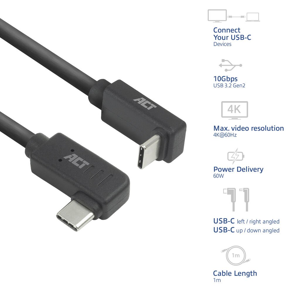 ACT AC7481 | USB 3.2 Gen 2 Kabel | USB-C (haaks links/rechts) naar USB-C (haaks boven/beneden) | 60W | 10Gbps | 1m | Zwart 6 ACT AC7481 | USB 3.2 Gen 2 Kabel | USB-C (haaks links/rechts) naar USB-C (haaks boven/beneden) | 60W | 10Gbps | 1m | Zwart - Afbeelding 6
