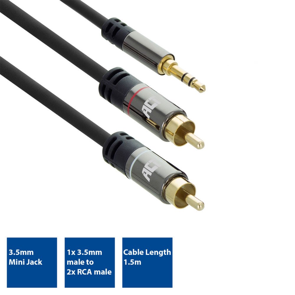 ACT AC3605 | 3.5mm naar 2x RCA Audiokabel | 1,5 Meter | Stereo | Zwart 2 5 Meter | Stereo | Zwart