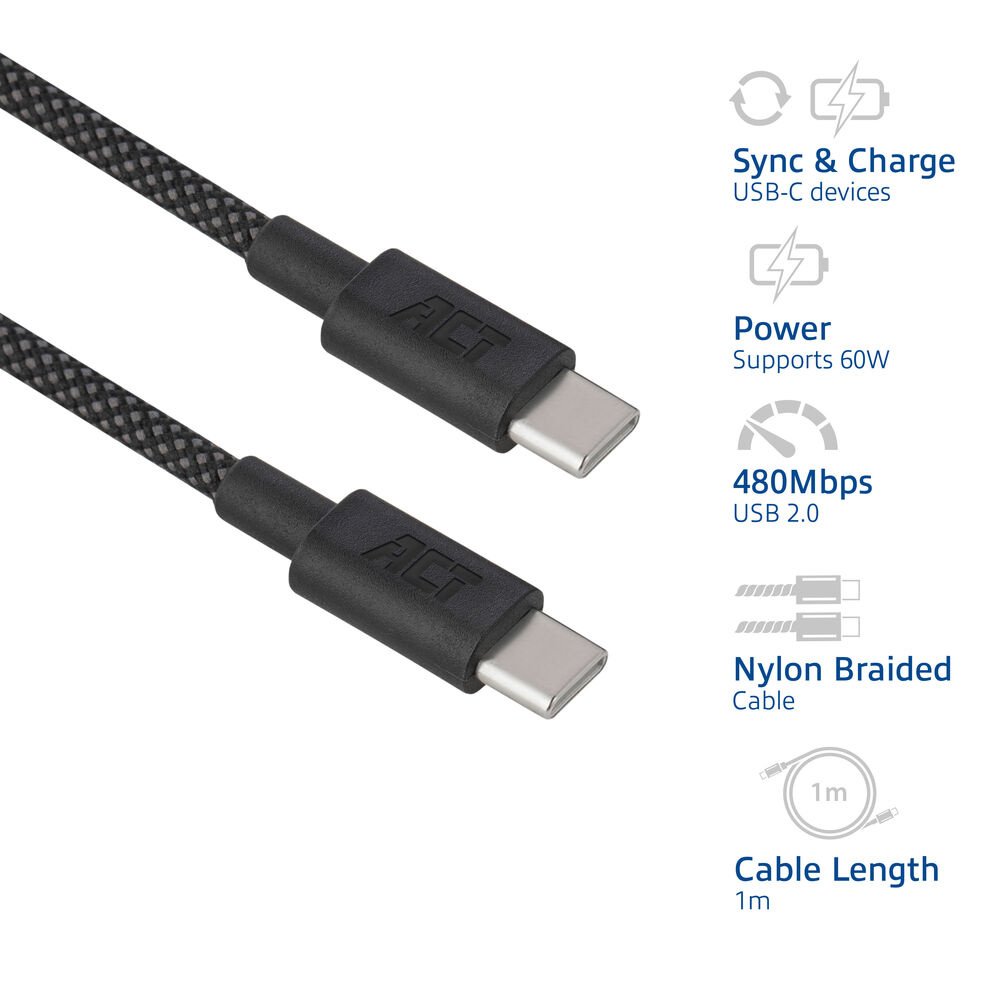 ACT AC3082 | USB 2.0 Kabel | USB-C naar USB-C | 60W | 480Mbps | Zwart | 1 Meter 5 ACT AC3082 | USB 2.0 Kabel | USB-C naar USB-C | 60W | 480Mbps | Zwart | 1 Meter - Afbeelding 5