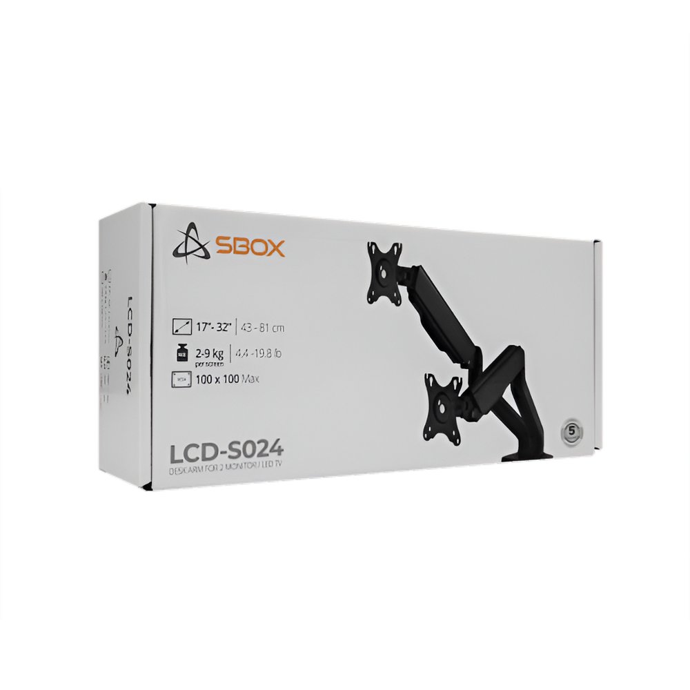 SBOX Flex LCD-S024-2 | Verstelbare Monitor-bureaubeugel | Tot 32" | Max 9kg | VESA 100x100 | 2 Monitoren 10 SBOX Flex LCD-S024-2 | Verstelbare Monitor-bureaubeugel | Tot 32" | Max 9kg | VESA 100x100 | 2 Monitoren - Afbeelding 10