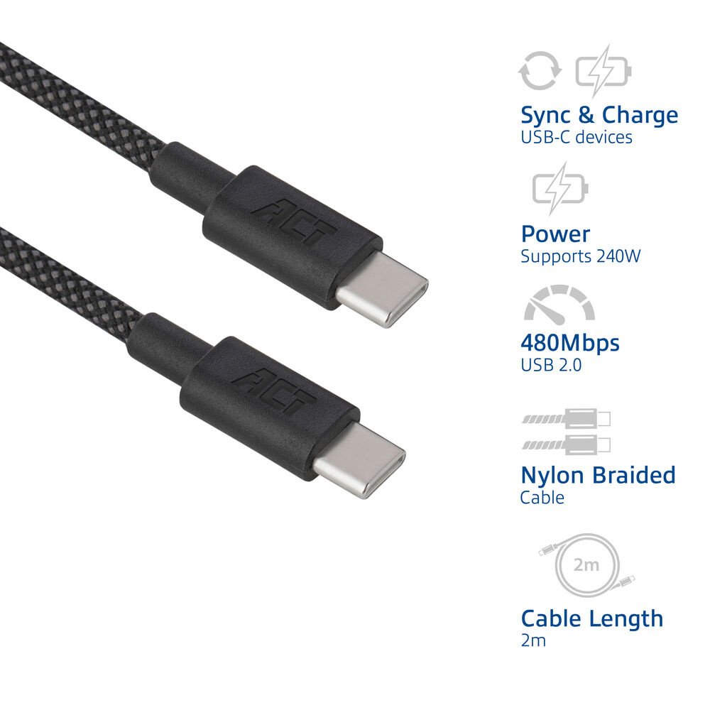 ACT AC3087 | USB 2.0 Kabel | USB-C naar USB-C | 240W | 480Mbps | Zwart | 2 Meter 6 ACT AC3087 | USB 2.0 Kabel | USB-C naar USB-C | 240W | 480Mbps | Zwart | 2 Meter - Afbeelding 6
