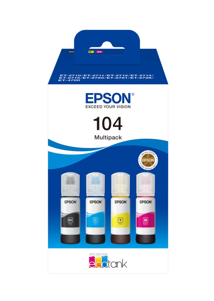 Epson 104 EcoTank Inktfles Multipack | Kleuren: Zwart, Cyaan, Magenta, Geel | Compatibel met Epson EcoTank-printers 1 Epson 104 EcoTank Inktfles Multipack | Kleuren: Zwart
