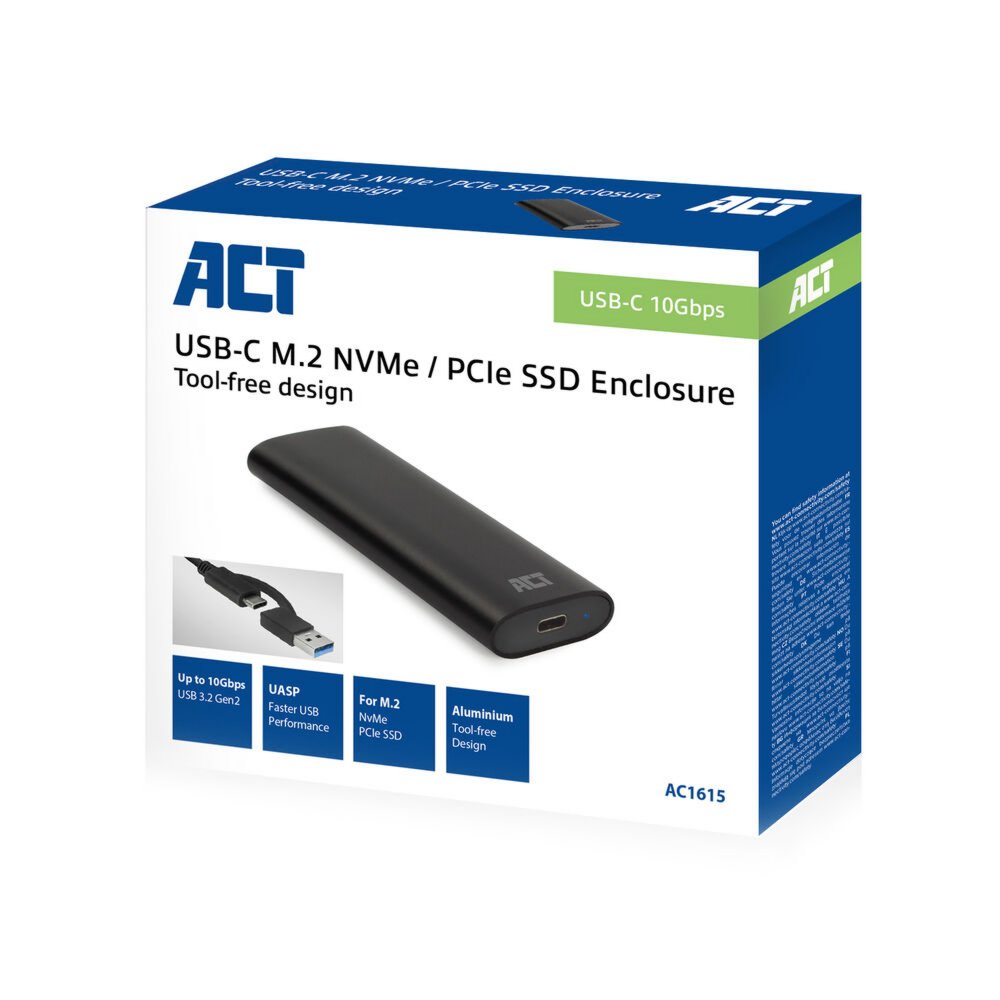 ACT AC1615 | USB-C M.2 NVMe/PCIe SSD Behuizing | Tool-Free | Aluminium | USB 3.2 Gen2 (10 Gbps) 10 ACT AC1615 | USB-C M.2 NVMe/PCIe SSD Behuizing | Tool-Free | Aluminium | USB 3.2 Gen2 (10 Gbps) - Afbeelding 10