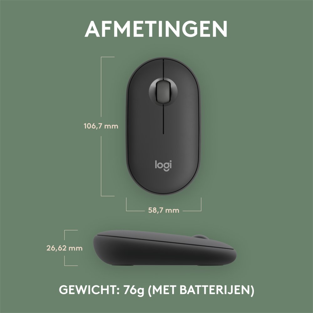 Logitech Pebble 2 M350s | Draadloze Muis | Links- en Rechtshandig | RF + Bluetooth | 4000 DPI | Grafiet 8 Logitech Pebble 2 M350s | Draadloze Muis | Links- en Rechtshandig | RF + Bluetooth | 4000 DPI | Grafiet - Afbeelding 8