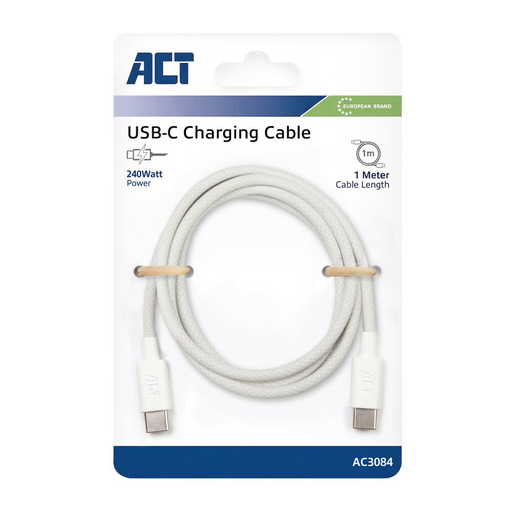 ACT AC3084 | USB 2.0 Kabel | USB-C naar USB-C | 240W | 480Mbps | Wit | 1 Meter 2 ACT AC3084 | USB 2.0 Kabel | USB-C naar USB-C | 240W | 480Mbps | Wit | 1 Meter - Afbeelding 2