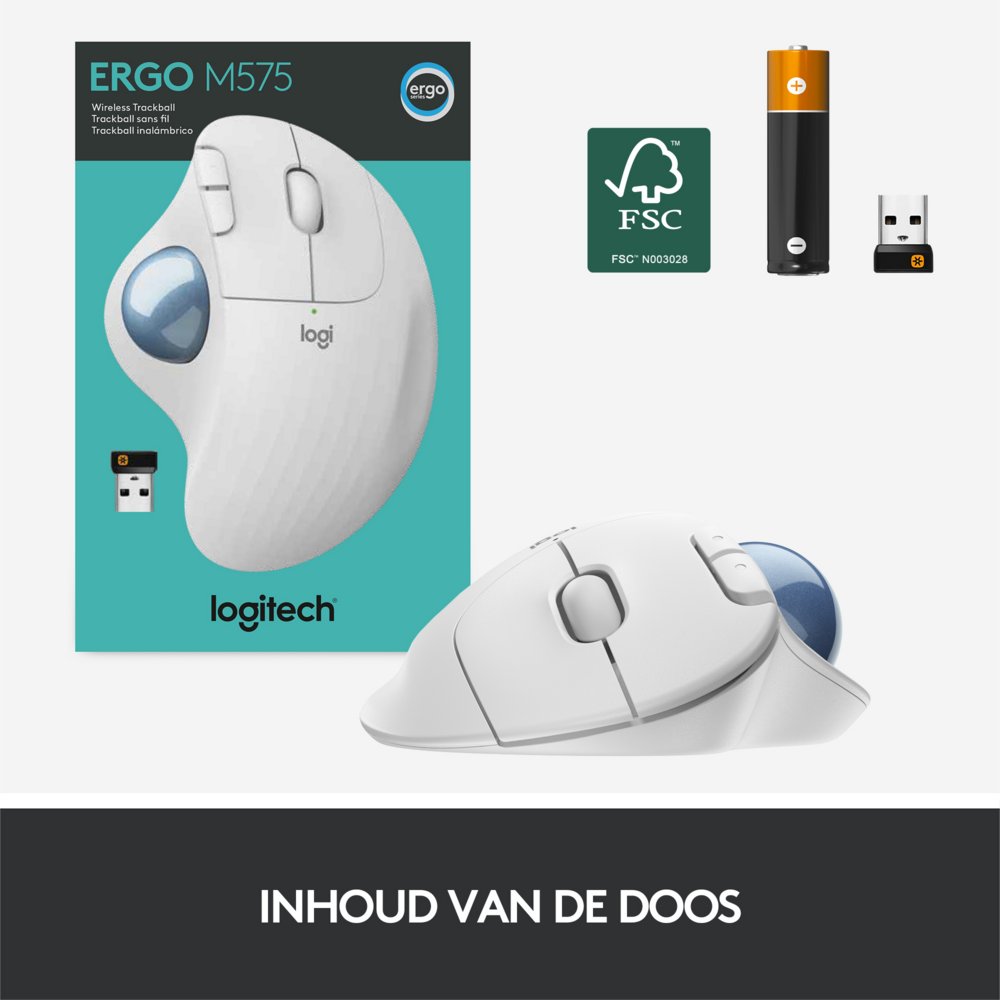 Logitech M575 Ergo Trackball | Ergonomische Draadloze Muis | Rechtshandig | RF + Bluetooth | 2000 DPI | Wit 8 Logitech M575 Ergo Trackball | Ergonomische Draadloze Muis | Rechtshandig | RF + Bluetooth | 2000 DPI | Wit - Afbeelding 8