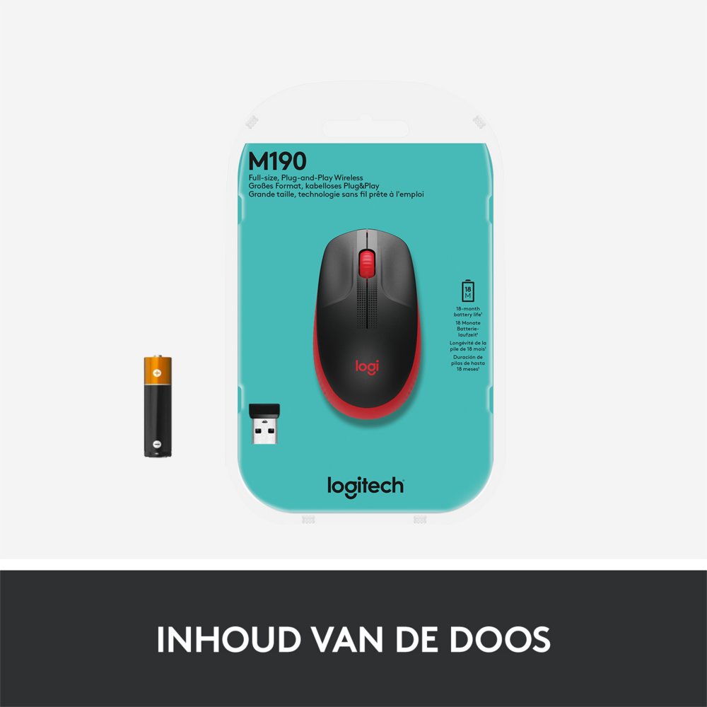 Logitech M190 | Draadloze Muis | Links- en Rechtshandig | RF | 1000 DPI | Zwart/Rood 6 Logitech M190 | Draadloze Muis | Links- en Rechtshandig | RF | 1000 DPI | Zwart/Rood - Afbeelding 6