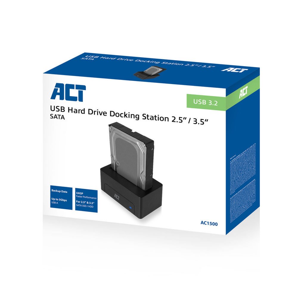 ACT AC1500 | SATA Docking Station | 2,5" & 3,5" HDD/SSD | USB 3.2 Gen1 (5 Gbps) 5 ACT AC1500 | SATA Docking Station | 2,5" & 3,5" HDD/SSD | USB 3.2 Gen1 (5 Gbps) - Afbeelding 5