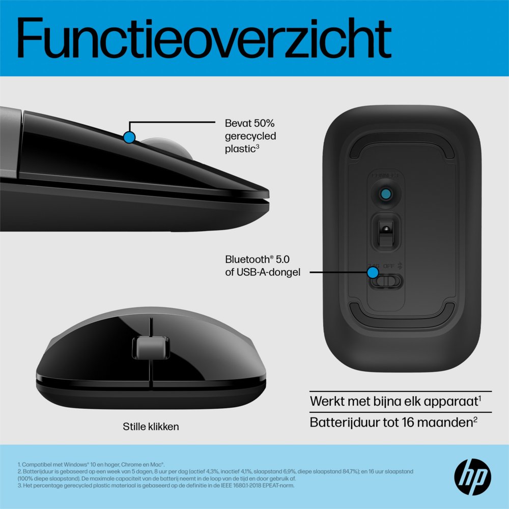 HP Z3700 Dual | Draadloze Muis | Links- en Rechtshandig | RF + Bluetooth | Zwart/Zilver 5 HP Z3700 Dual | Draadloze Muis | Links- en Rechtshandig | RF + Bluetooth | Zwart/Zilver - Afbeelding 5