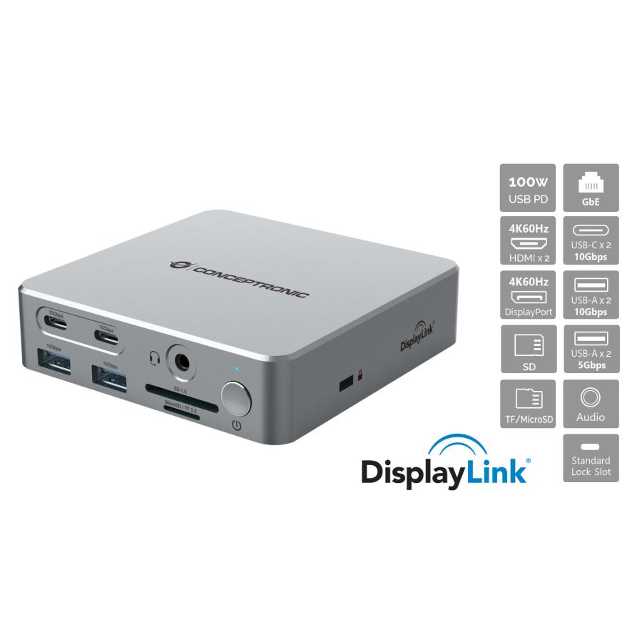 Conceptronic DONN25G 15-in-1 DisplayLink USB 3.2 Gen 2 Docking Station, Triple 4K60Hz, HDMI, DP, USB 1 Conceptronic DONN25G 15-in-1 DisplayLink USB 3.2 Gen 2 Docking Station, Triple 4K60Hz, HDMI, DP, USB