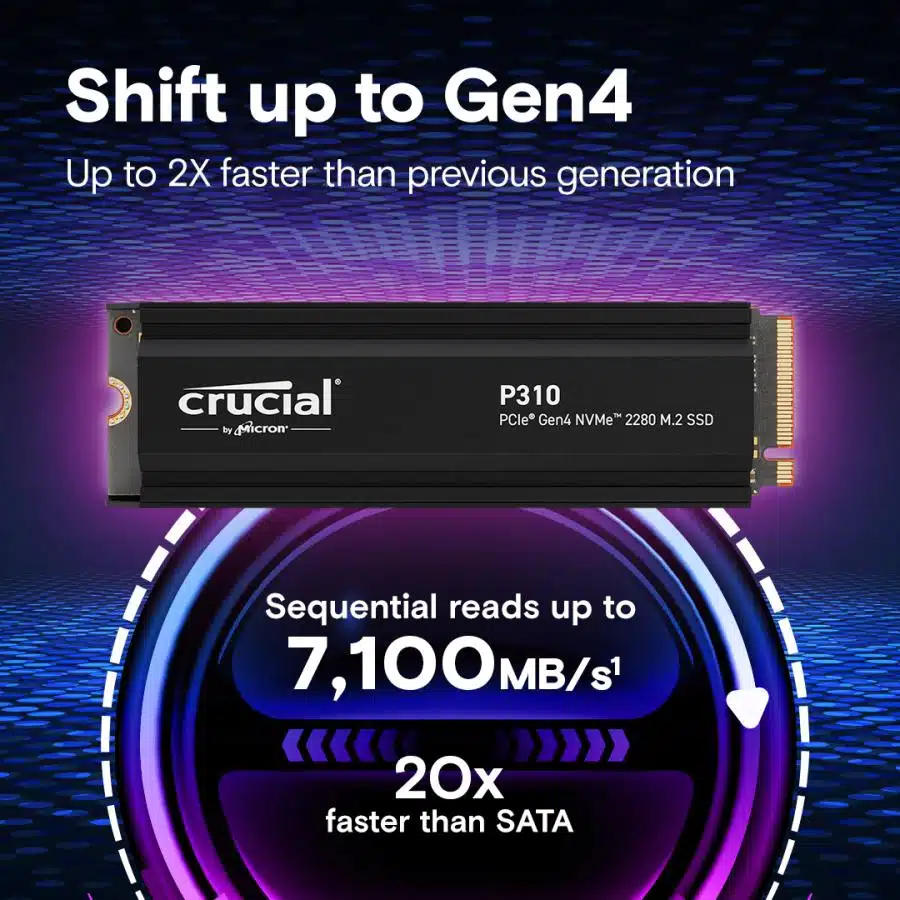 Crucial CT1000P310SSD5 P310 SSD, 1 TB, M.2 PCIe Gen4 NVMe, 3D NAND, 7100/ 6000 MB/s, Heatsink 2 Crucial CT1000P310SSD5 P310 SSD, 1 TB, M.2 PCIe Gen4 NVMe, 3D NAND, 7100/ 6000 MB/s, Heatsink - Afbeelding 2