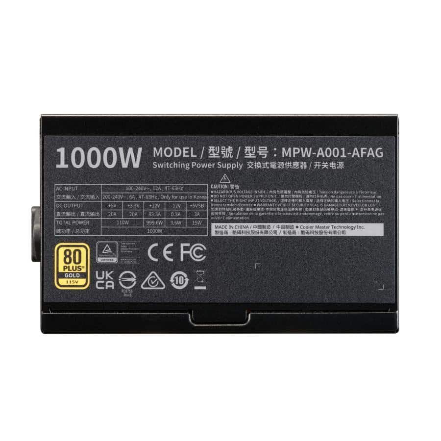 Cooler Master MPW-A001-AFAG-BEU Gold 80+ 1000W PSU, INTEL ATX 3.1, 135mm, FDB long-life bearing fan 4 Cooler Master MPW-A001-AFAG-BEU Gold 80+ 1000W PSU, INTEL ATX 3.1, 135mm, FDB long-life bearing fan - Afbeelding 4