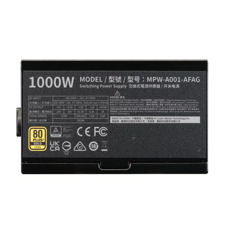 Cooler Master MPW-A001-AFAG-BEU Gold 80+ 1000W PSU, INTEL ATX 3.1, 135mm, FDB long-life bearing fan 4 Cooler Master MPW-A001-AFAG-BEU Gold 80+ 1000W PSU, INTEL ATX 3.1, 135mm, FDB long-life bearing fan - Afbeelding 4