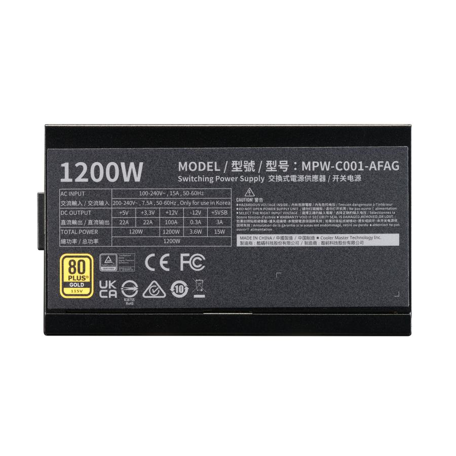 Cooler Master MPW-C001-AFAG-BEU Gold 80+ PSU, ATX 3.1, 1200 W, 120mm, FDB long-life bearing fan 4 Cooler Master MPW-C001-AFAG-BEU Gold 80+ PSU, ATX 3.1, 1200 W, 120mm, FDB long-life bearing fan - Afbeelding 4