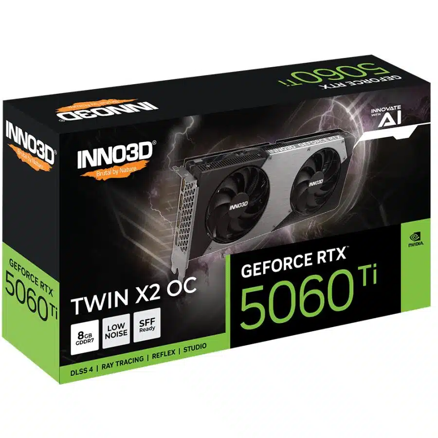 INNO3D N506T2-08D7X-193075N GeForce RTX 5060Ti Twin X2OC, 8GB GDDR7, 128-bit, 2602 Mhz, 448 GB/s 3 INNO3D N506T2-08D7X-193075N GeForce RTX 5060Ti Twin X2OC, 8GB GDDR7, 128-bit, 2602 Mhz, 448 GB/s - Afbeelding 3