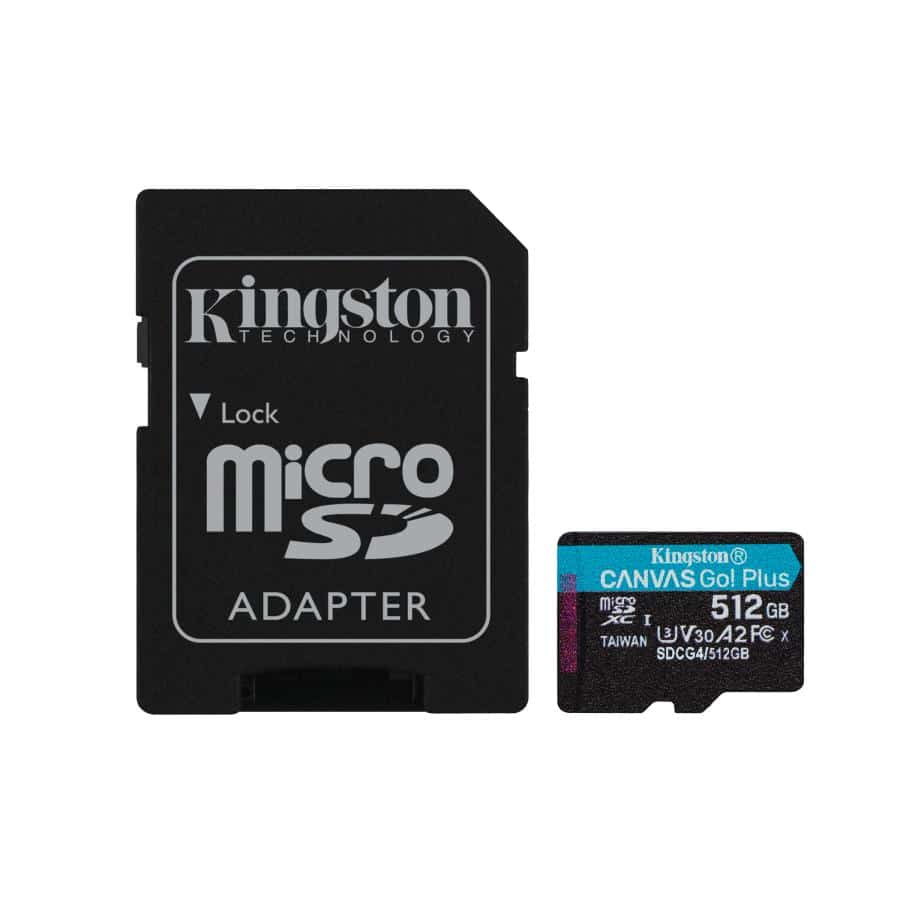 Kingston SDCG4/512GB Canvas Go Plus Gen4 MicroSD + Adapter, 512GB, Class 10, UHS-I, A2 U3 V30 1 Kingston SDCG4/512GB Canvas Go Plus Gen4 MicroSD + Adapter, 512GB, Class 10, UHS-I, A2 U3 V30