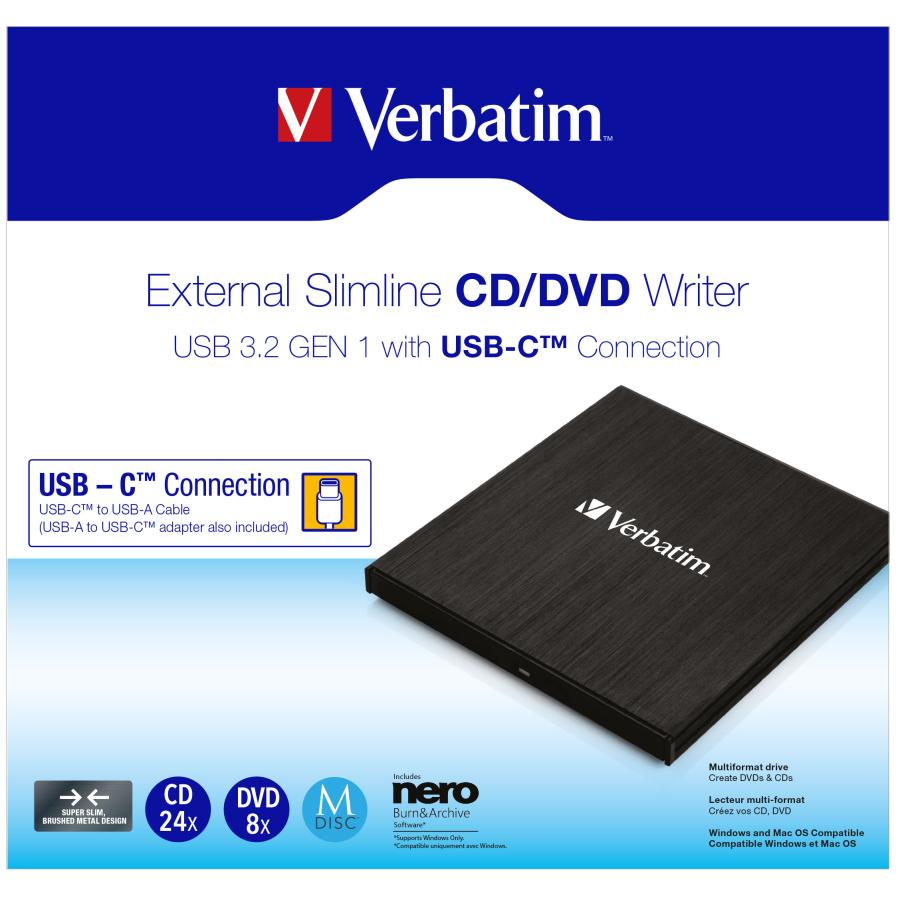 Verbatim 43886 SlimLine CD/DVD±RW Writer, USB 3.2 Gen 1, CD-R, CD-RW, DVD+R, Black, Tray 4 Verbatim 43886 SlimLine CD/DVD±RW Writer, USB 3.2 Gen 1, CD-R, CD-RW, DVD+R, Black, Tray - Afbeelding 4