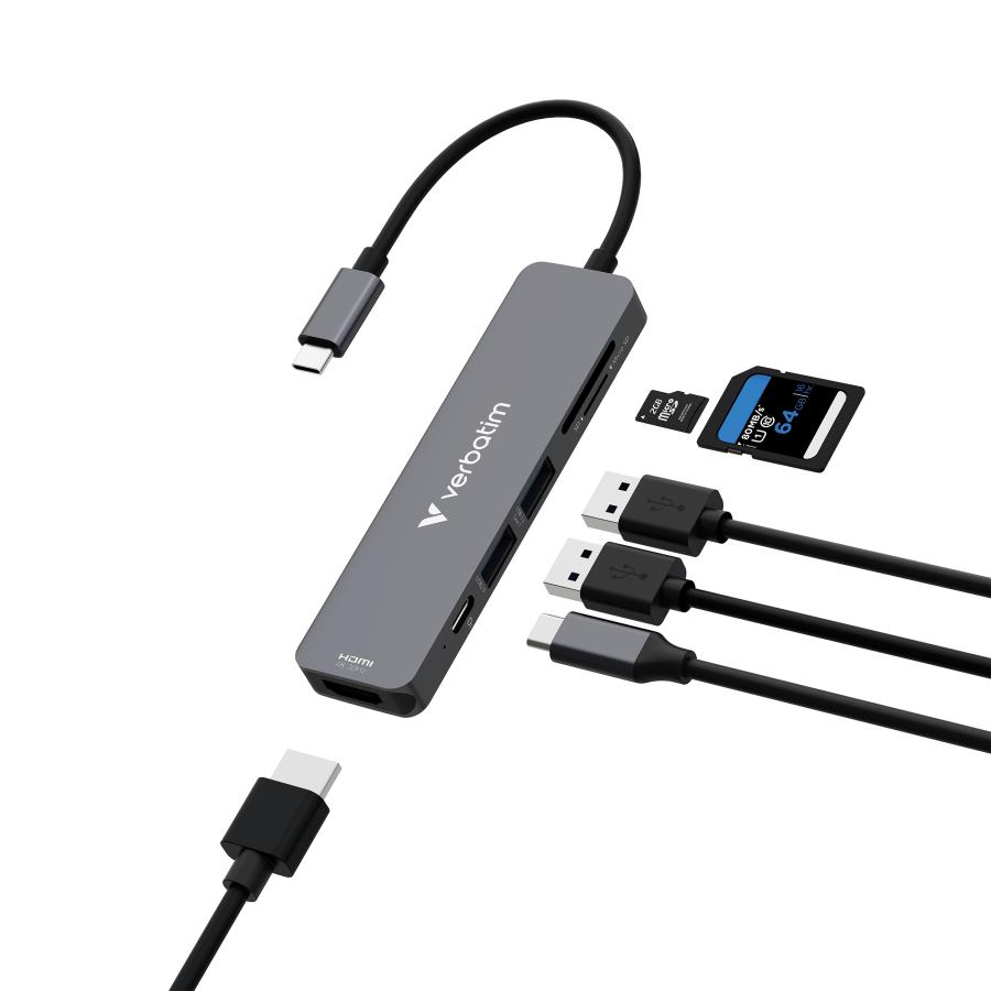 Verbatim 32156 USB-C Essentials Multiport Hub, HDMI 2160p, USB-C PD, USB-A 3.2 Gen 1, SD & microSD 2 Verbatim 32156 USB-C Essentials Multiport Hub, HDMI 2160p, USB-C PD, USB-A 3.2 Gen 1, SD & microSD - Afbeelding 2
