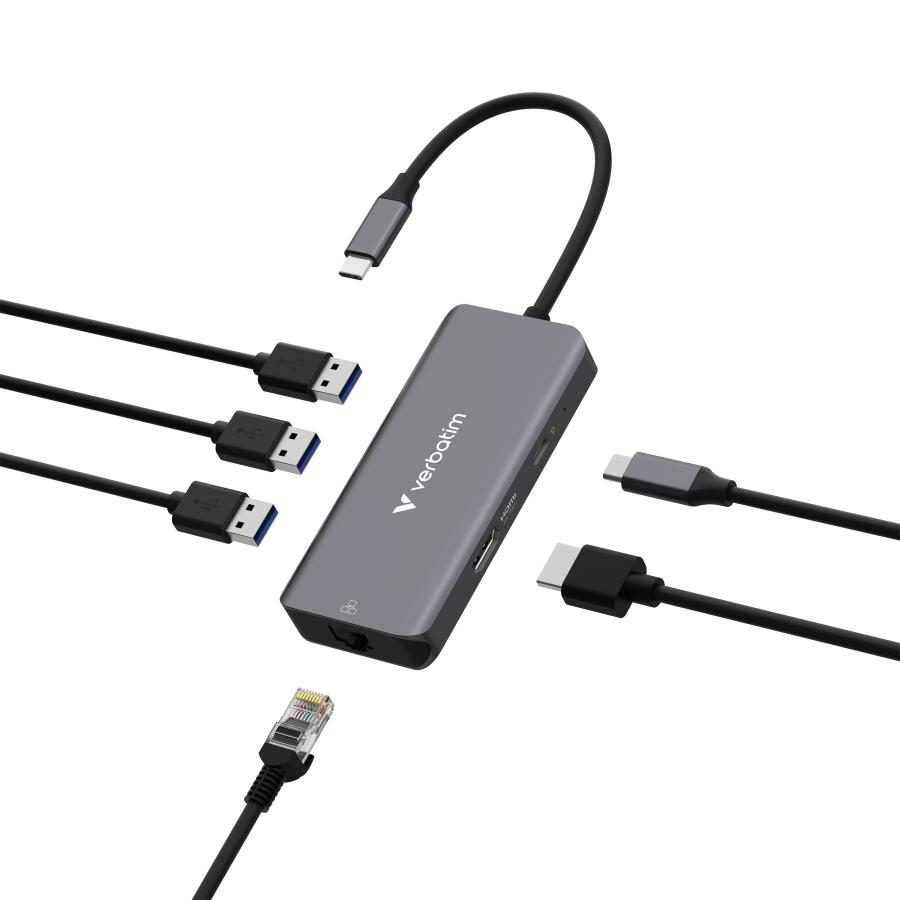 Verbatim 32157 USB-C Essentials Multiport Hub, HDMI 2160p, USB-C PD, 3x USB-A 3.2 Gen 1, RJ-45, Grey 2 Verbatim 32157 USB-C Essentials Multiport Hub, HDMI 2160p, USB-C PD, 3x USB-A 3.2 Gen 1, RJ-45, Grey - Afbeelding 2