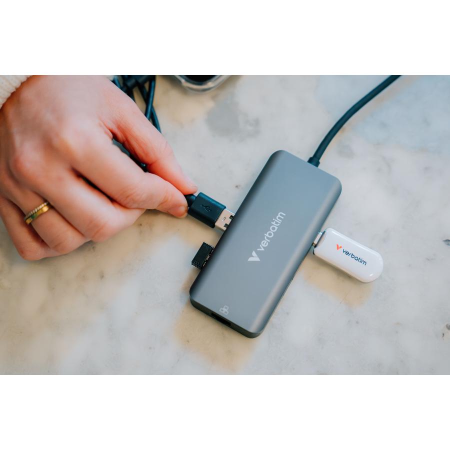 Verbatim 32157 USB-C Essentials Multiport Hub, HDMI 2160p, USB-C PD, 3x USB-A 3.2 Gen 1, RJ-45, Grey 4 Verbatim 32157 USB-C Essentials Multiport Hub, HDMI 2160p, USB-C PD, 3x USB-A 3.2 Gen 1, RJ-45, Grey - Afbeelding 4