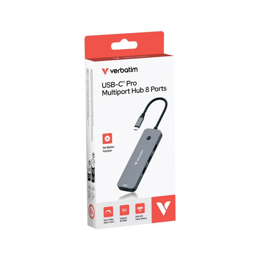 Verbatim 32151 CMH-08 Pro USB-C Multiport Hub, 8-port, HDMI, USB 3.2 Gen 1, MicroSD, SD, Silver 2 Verbatim 32151 CMH-08 Pro USB-C Multiport Hub, 8-port, HDMI, USB 3.2 Gen 1, MicroSD, SD, Silver - Afbeelding 2