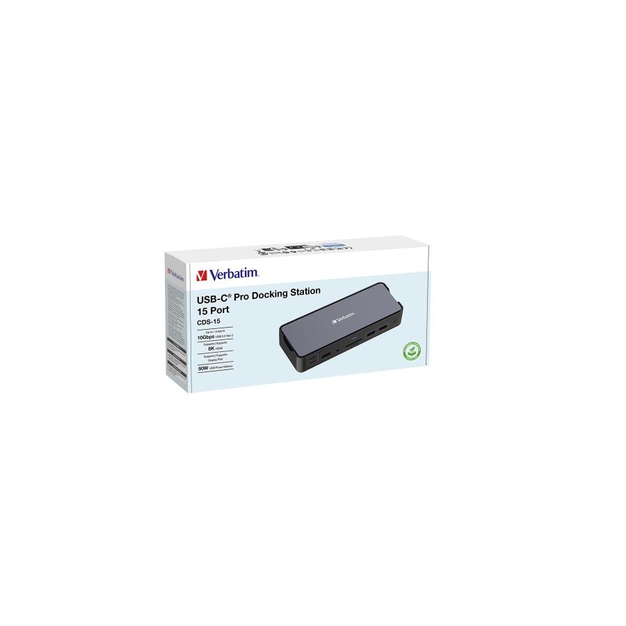 Verbatim 32171 CDS-15 USB-C Pro Docking Station, USB 3.2 Gen 1, USB-C 100 W, 3.5 mm, Silver 4 Verbatim 32171 CDS-15 USB-C Pro Docking Station, USB 3.2 Gen 1, USB-C 100 W, 3.5 mm, Silver - Afbeelding 4