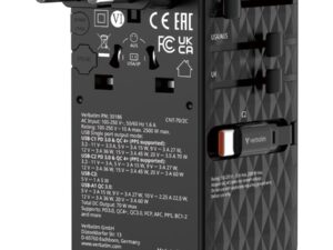 Verbatim 30186 Charge "n" Travel 70W 2C retractable Universal Travel Adapter, AC, 250 V, 10 A, Black