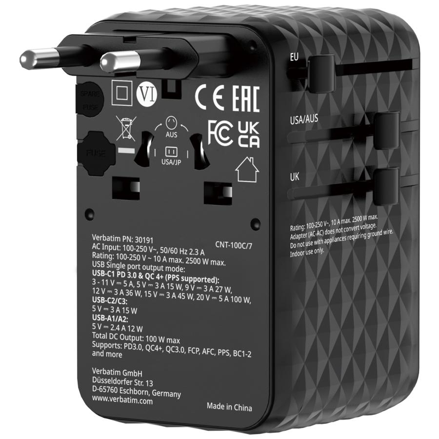 Verbatim 30191 Charge "n" Travel 100W Universal Travel Adapter with retractable cable Black, Indoor 1 Verbatim 30191 Charge "n" Travel 100W Universal Travel Adapter with retractable cable Black, Indoor