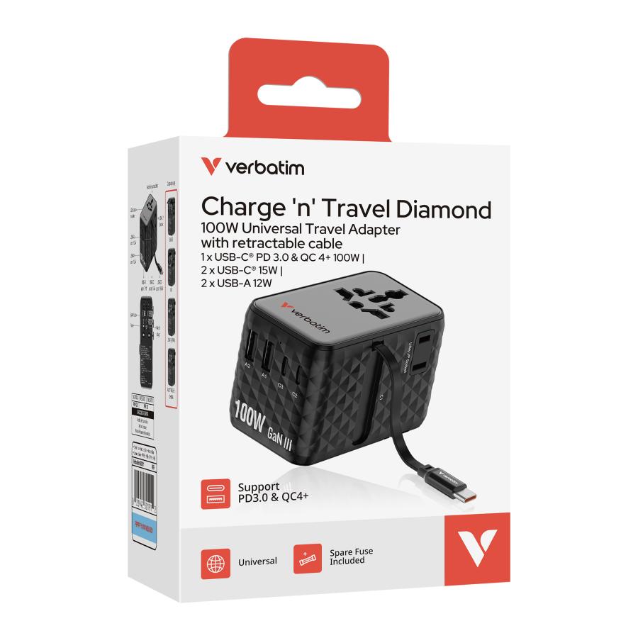 Verbatim 30191 Charge "n" Travel 100W Universal Travel Adapter with retractable cable Black, Indoor 4 Verbatim 30191 Charge "n" Travel 100W Universal Travel Adapter with retractable cable Black, Indoor - Afbeelding 4