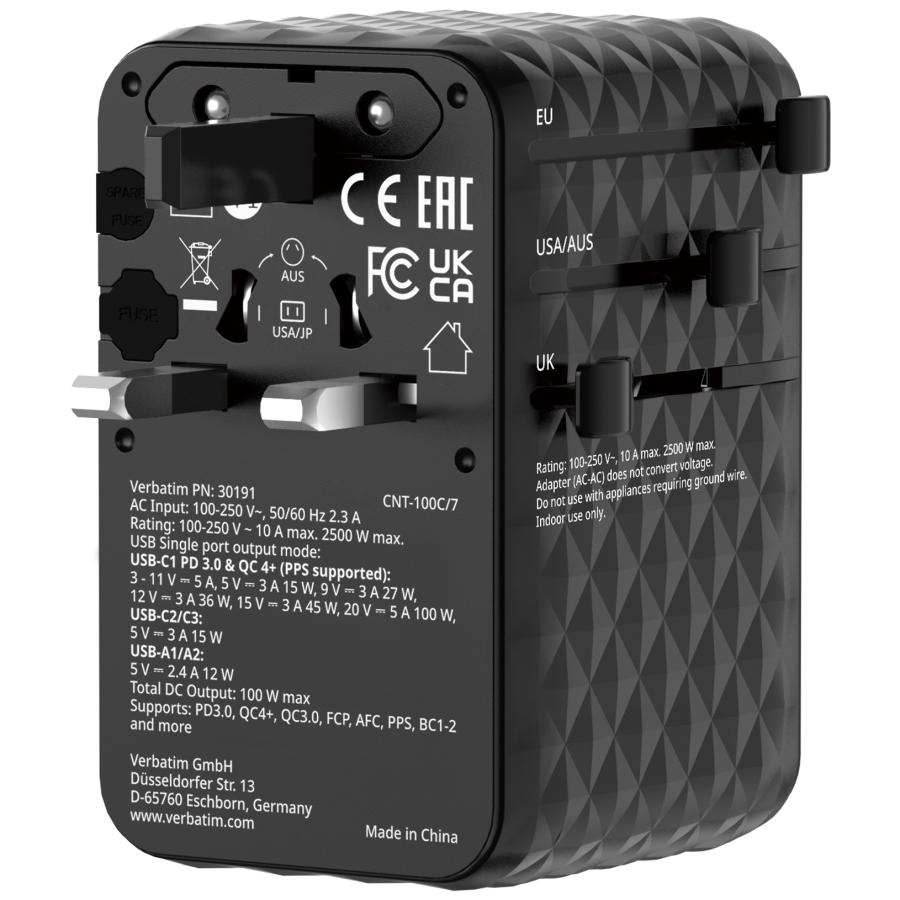 Verbatim 30191 Charge "n" Travel 100W Universal Travel Adapter with retractable cable Black, Indoor 5 Verbatim 30191 Charge "n" Travel 100W Universal Travel Adapter with retractable cable Black, Indoor - Afbeelding 5