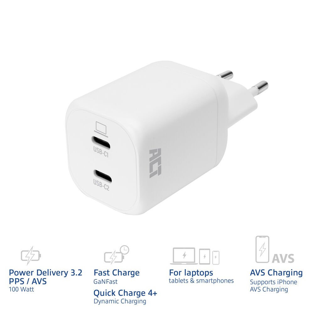 ACT AC2175 | 100W USB-C-lader | 2× USB-C | Power Delivery 3.2 | PPS & AVS | GaNFast 2 ACT AC2175 | 100W USB-C-lader | 2× USB-C | Power Delivery 3.2 | PPS & AVS | GaNFast - Afbeelding 2