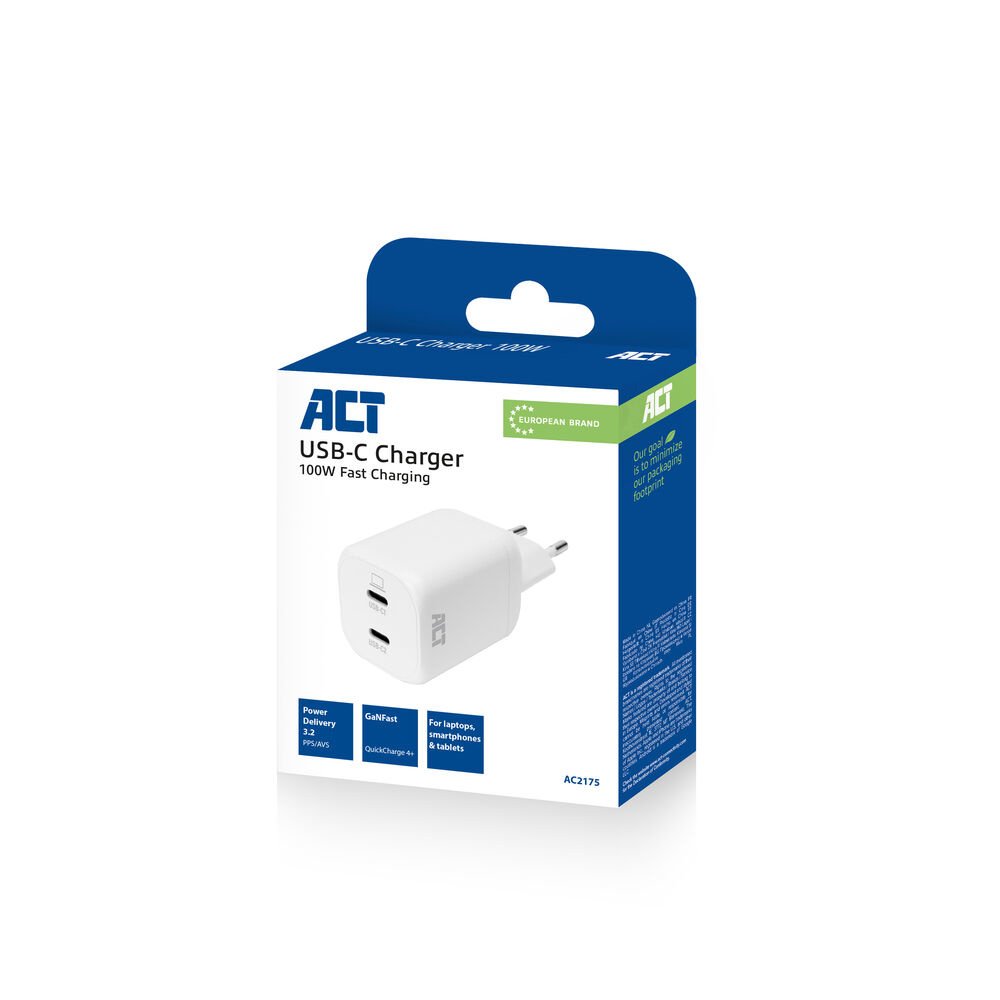 ACT AC2175 | 100W USB-C-lader | 2× USB-C | Power Delivery 3.2 | PPS & AVS | GaNFast 9 ACT AC2175 | 100W USB-C-lader | 2× USB-C | Power Delivery 3.2 | PPS & AVS | GaNFast - Afbeelding 9